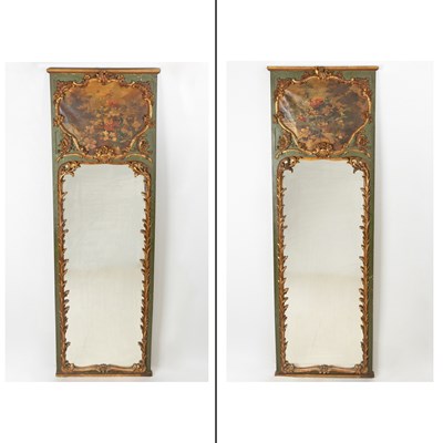 Lot 295 - Pair of Louis XV Style Painted and Parcel-Gilt Trumeau Mirrors