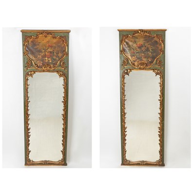 Lot 251 - Pair of Louis XV Style Painted and Parcel-Gilt Trumeau Mirrors