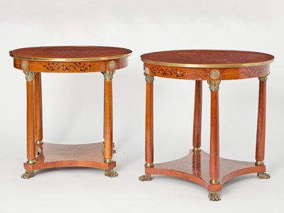 Lot 277 - Pair of Empire Style Gilt-Metal Mounted Stained and Stenciled Wood Occasional Tables