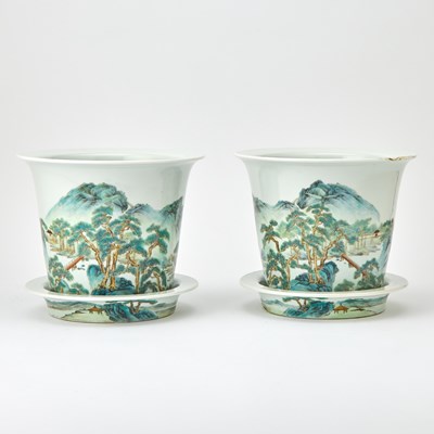 Lot 649 - A Pair of Chinese Enameled Porcelain Planters and Underplates