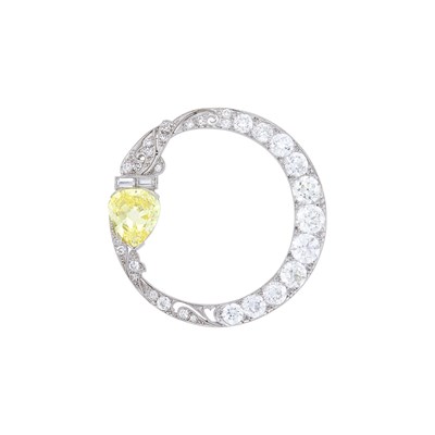 Lot 180 - Platinum, Fancy Intense Yellow Diamond and Diamond Circle Brooch