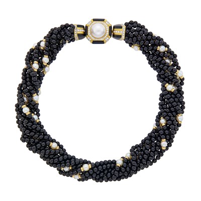 Lot 27 - Multistrand Black Onyx Bead, Gold, Cultured Pearl, Mabé Pearl and Diamond Torsade Necklace