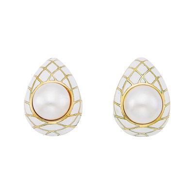 Lot 1034 - Pair of Gold, White Enamel and Mabé Pearl Earclips