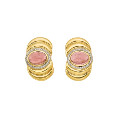 Lot 1242 - Pair of Gold, Cabochon Pink Tourmaline and Diamond Earrings