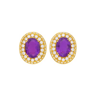Lot 159 - Hammerman Brothers Pair of Gold, Amethyst and Diamond Earclips