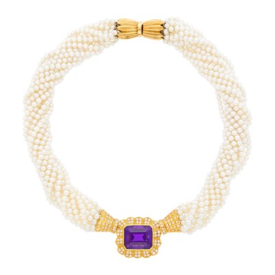 Lot 158 - Multistrand Cultured Pearl, Gold, Amethyst and Diamond Torsade Necklace