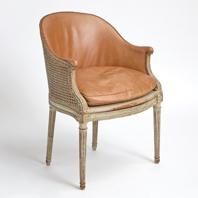 Lot 256 - Louis XVI Style Caned, Gray Painted Wood and Leather Upholstered Tub Chair