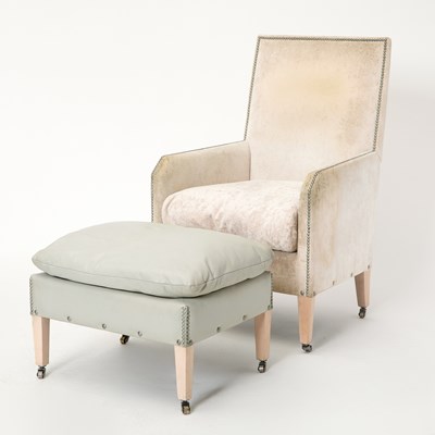 Lot 173 - Upholstered Blondewood Armchair and Ottoman