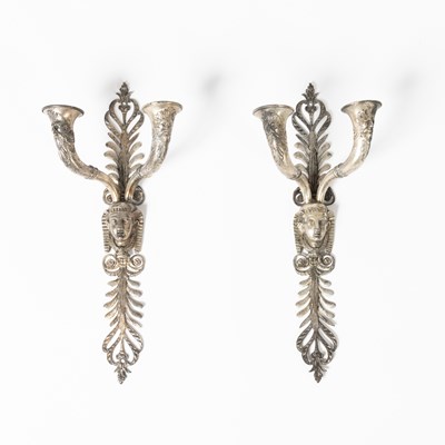 Lot 307 - Pair of Empire Egyptian Revival Silvered Metal Two-Light Sconces