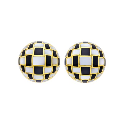 Lot 25 - Tiffany & Co. Pair of Gold, Mother-of-Pearl and Black Jade Checkerboard Bombé Earclips