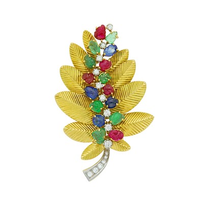 Lot 93 - Boucheron Paris Gold, Platinum, Carved Colored Stone and Diamond Leaf Clip-Brooch