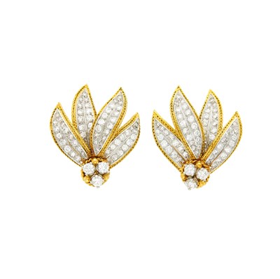 Lot 65 - Tiffany & Co., Schlumberger Pair of Gold, Platinum and Diamond Leaf Earclips, France