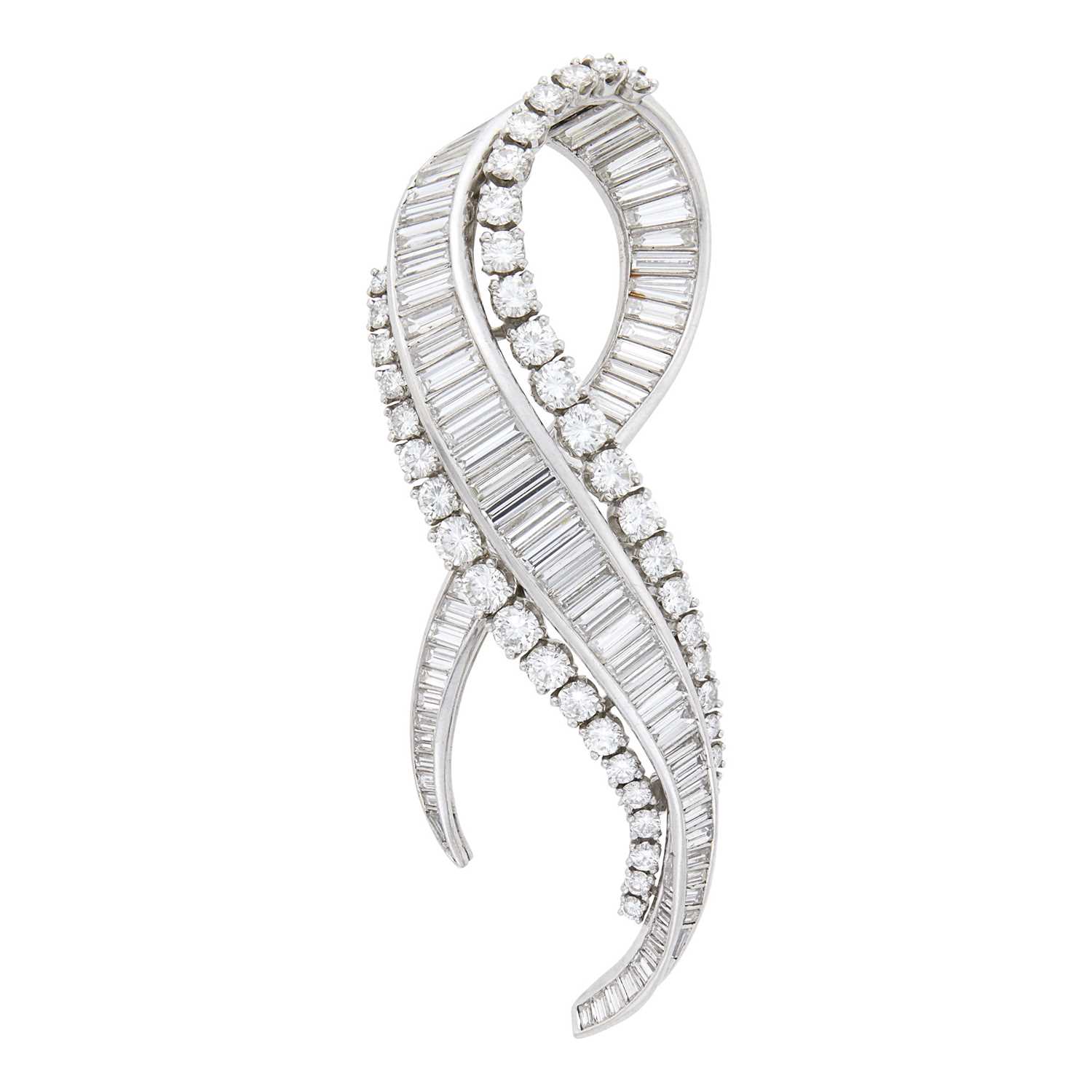 Lot 128 - Platinum and Diamond Ribbon Clip-Brooch