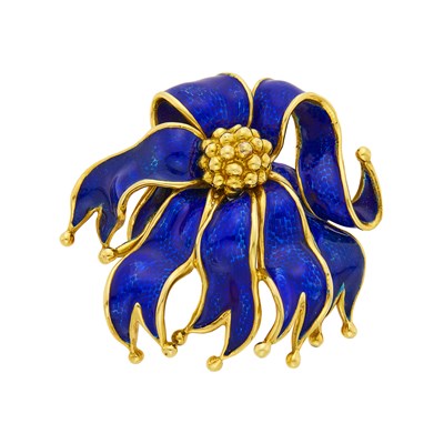 Lot 125 - Tiffany & Co. Gold and Blue Enamel Ribbon Brooch