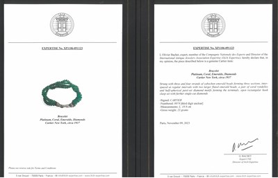 Lot 189 - Cartier Triple Strand Emerald Bead Torsade Bracelet with Platinum, Diamond and Coral Clasp
