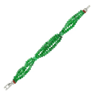 Lot 189 - Cartier Triple Strand Emerald Bead Torsade Bracelet with Platinum, Diamond and Coral Clasp