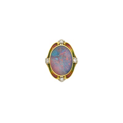 Lot 56 - Louis Comfort Tiffany Antique Gold, Platinum, Black Opal, Enamel and Diamond Ring