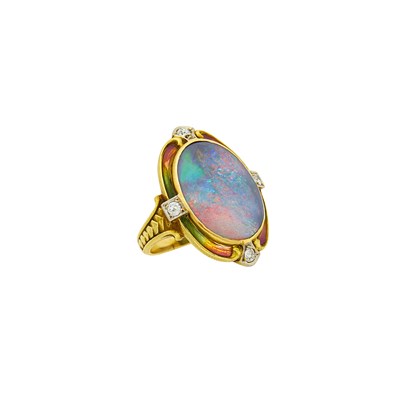 Lot 56 - Louis Comfort Tiffany Antique Gold, Platinum, Black Opal, Enamel and Diamond Ring