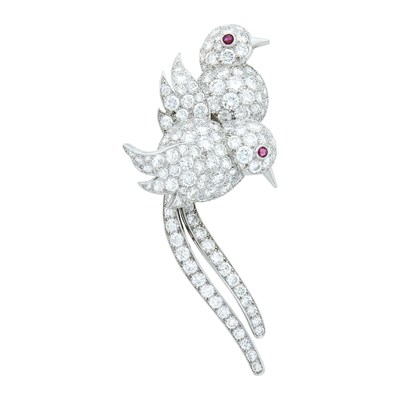 Lot 150 - Tiffany & Co. Platinum, Diamond and Ruby Love Bird Clip-Brooch