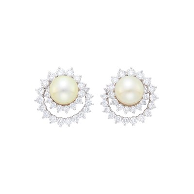 Lot 54 - Angela Cummings for Assael Pair of Platinum, Golden Cultured Pearl and Diamond Earclips