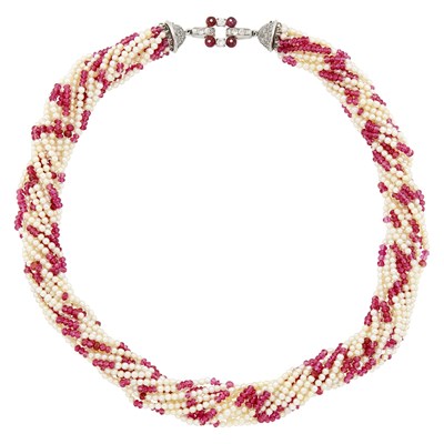 Lot Cartier Multistrand Pearl and Ruby Bead Necklace with Platinum, Ruby Bead and Diamond Clasp