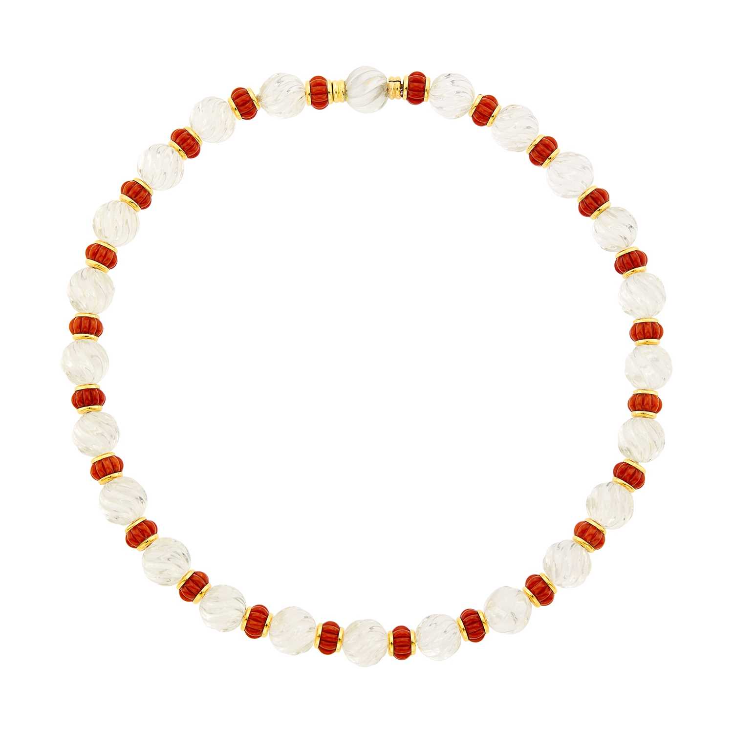 Lot 4 - Bulgari Gold, Fluted Rock Crystal and Coral Bead Necklace