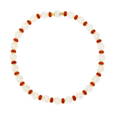 Lot 4 - Bulgari Gold, Fluted Rock Crystal and Coral Bead Necklace