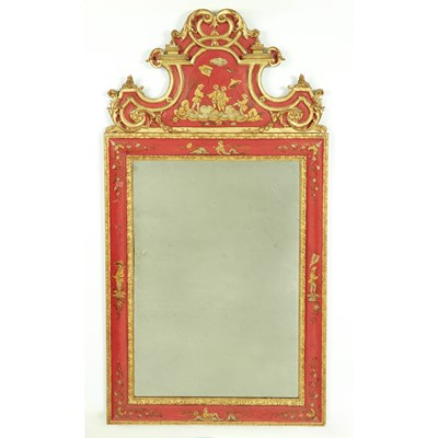 Lot 154 - George II Style Parcel-Gilt Red Lacquer Chinoiserie Wall Mirror