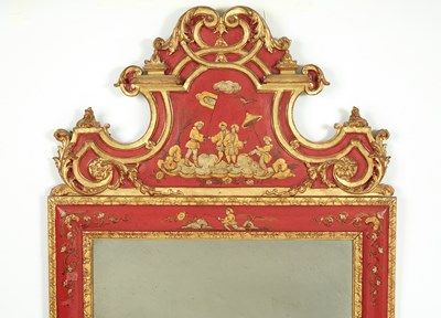 Lot 154 - George II Style Parcel-Gilt Red Lacquer Chinoiserie Wall Mirror