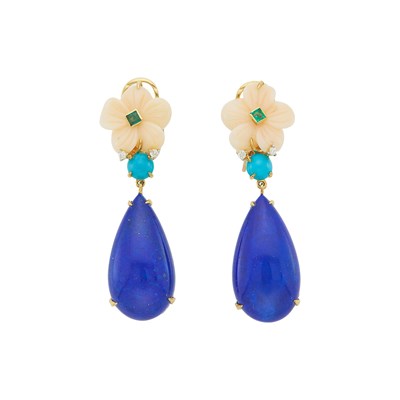 Lot 1048 - Pair of Gold, Lapis, Carved Angel Skin Coral, Turquoise, Emerald and Diamond Pendant-Earclips