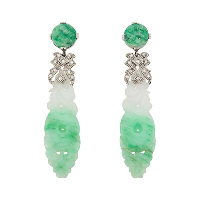 Lot 1090 - Pair of White Gold, Carved Jade and Diamond Pendant-Earrings