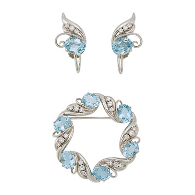 Lot 1082 - Pair of White Gold, Aquamarine and Diamond Earclips and Circle Brooch