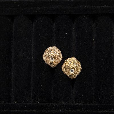 Lot 174 - Pair Of 14KT Gold & Diamond Lion Head Earrings