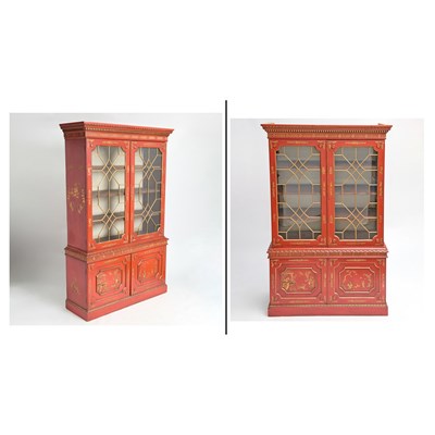 Lot 147 - Pair of George III Style Red Lacquer Gilt Chinoiserie Decorated Cabinets