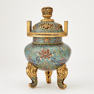 Lot 126 - A Chinese Gilt Bronze and Cloisonne Enamel Tripod Censer