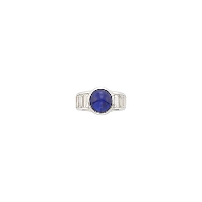 Lot 1061 - White Gold, Cabochon Sapphire and Diamond Ring, France