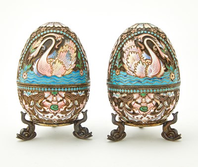 Lot 235 - Pair of Russian Style Silver and Cloisonné Enamel Easter Eggs