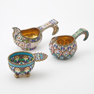 Lot 234 - Two Russian Style Silver and Cloisonné Enamel Kovshi and a Charka