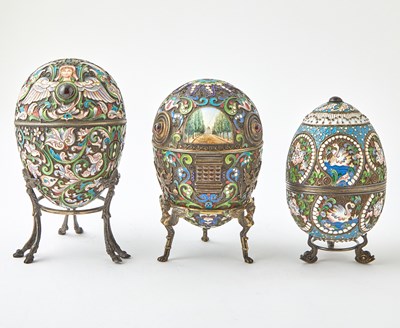 Lot 232 - Three Russian Style Silver and Cloisonné Enamel Easter Eggs