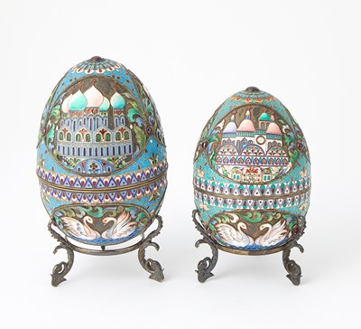 Lot 231 - Two  Russian Style Silver and Cloisonné Enamel Easter Eggs