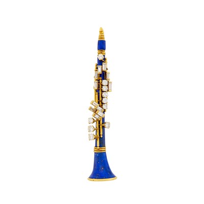 Lot 98 - Chaumet Paris Gold, Lapis and Diamond Clarinet Brooch