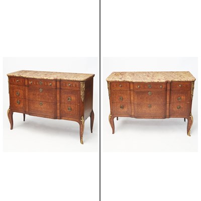 Lot 309 - Two Louis XV/XVI Style Marble Top Kingwood Inlaid Commodes