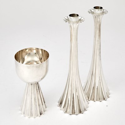 Lot 257 - Pair of Italian Silver Candlesticks and Goblet