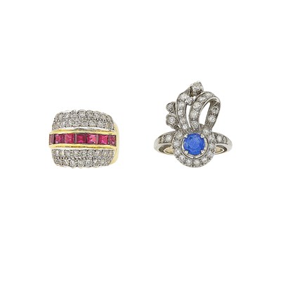 Lot 1193 - Platinum, Sapphire and Diamond Ring and Wide Gold, Ruby and Diamond Ring