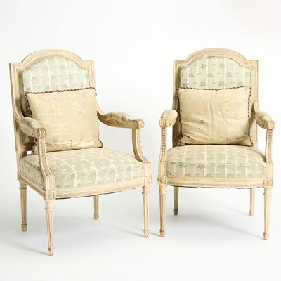 Lot 262 - Pair of Louis XVI Style Upholstered Painted Wood Fauteuils