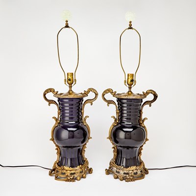 Lot 119 - Pair of Gilt-Metal Mounted Chinese Blue Glazed Porcelain Vases as Lamps