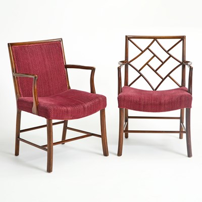 Lot 139 - Set of Six George III Style Faux Bamboo Mahogany Armchairs