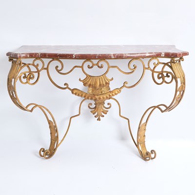 Lot 303 - Faux Marble and Gilt Wrought Iron Wall Mounted Console