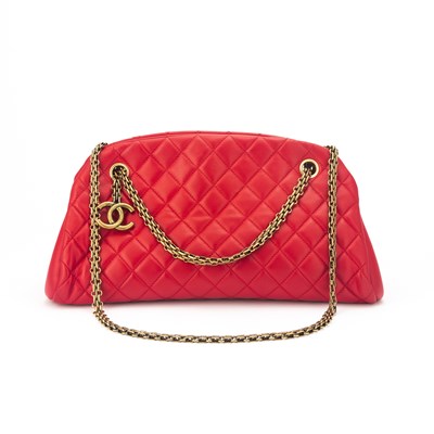 Lot 192 - Chanel Red Lambskin Leather 'Just Mademoiselle' Bowling Bag