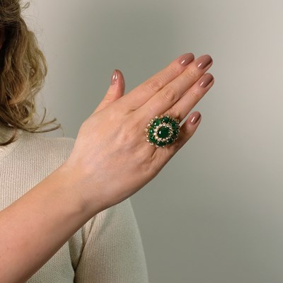Lot 142 - Gold, Cabochon Emerald and Diamond Ring